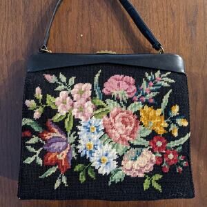 Vintage Black Needlepoint Marshall Field 1960s Handbag Purse Floral Tapestry